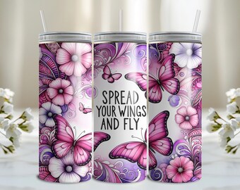 Różowy i fioletowy motyl 20 oz Wrap, motyle Tumbler Wrap Projekt sublimacji Pobieranie cyfrowe PNG Natychmiast TYLKO CYFROWE