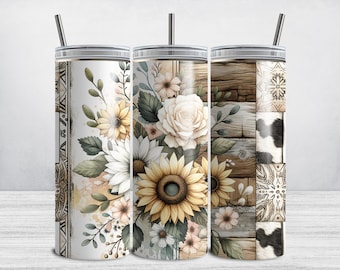 Rustic Floral Tumbler Wrap, 20oz Skinny Sunflower PNG, Tumbler Design Sublimation Download, Boho Western Cow Print Sublimation Tumbler