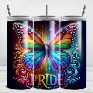 Pride Tumbler Wrap, Rainbow Flag Butterfly 20 oz Skinny Tumbler Sublimation, Glitter Rainbow Gay LGBTQ, Pride Month PNG