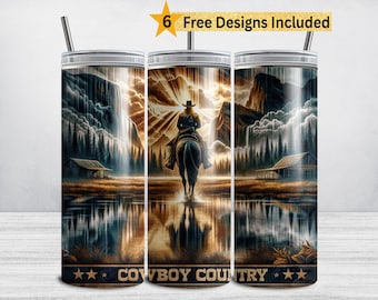 Western Cowboy Tumbler Wrap, Rodeo Cowboy Country 20 oz Skinny Tumbler Sublimation Design, American Cowboy PNG, Sunset Horseback Ride Ranch
