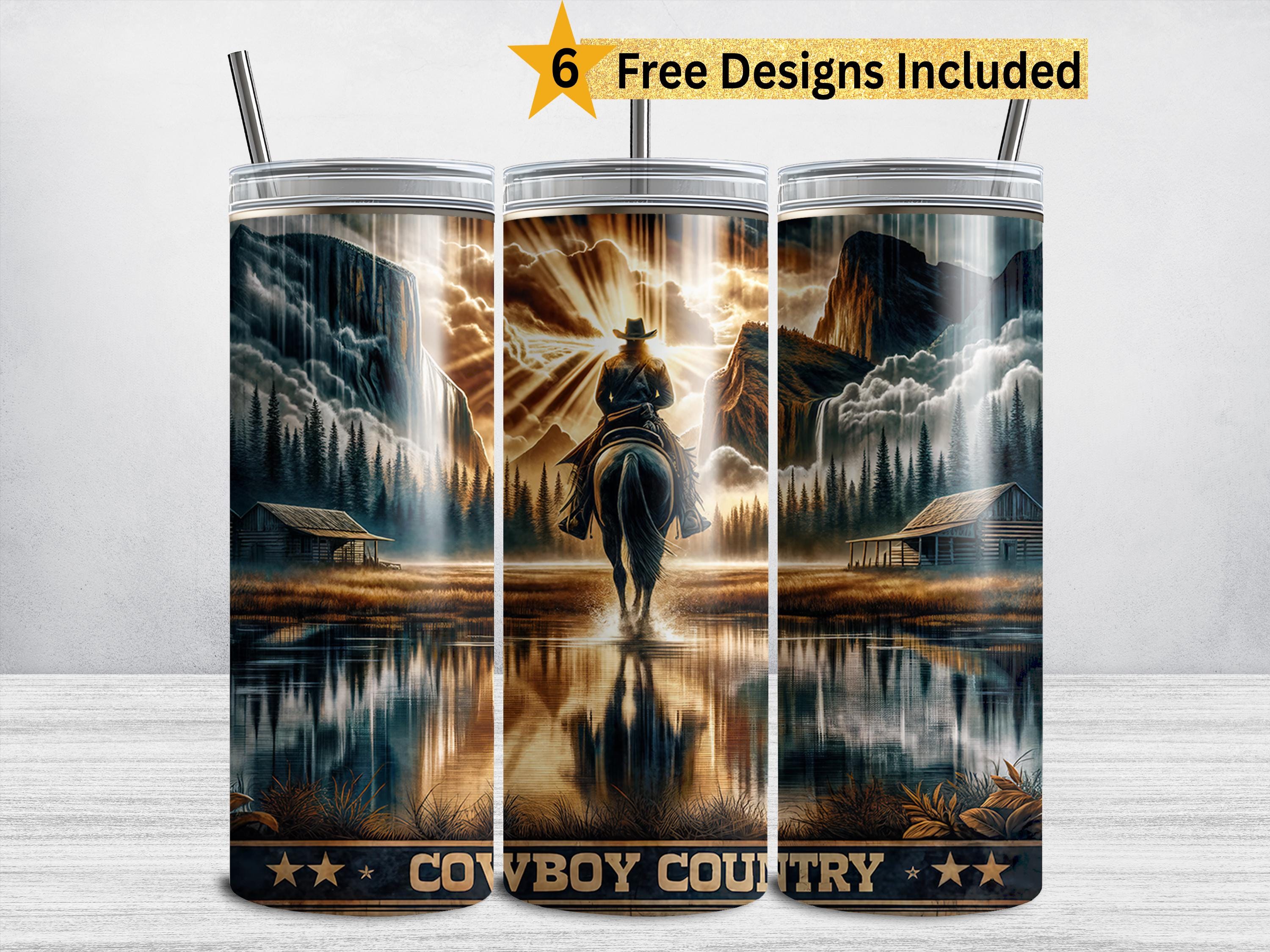 Western Cowboy Tumbler Wrap, Rodeo Cowboy Country 20 oz Skinny Tumbler Sublimation Design, American Cowboy PNG, Sunset Horseback Ride Ranch