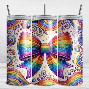 Pride Tumbler Wrap, Coquette Rainbow Bow Glitter 20 oz Skinny Tumbler Sublimation, Gay Pride PNG, LGBTQ Pride Month Gift DIGITAL only