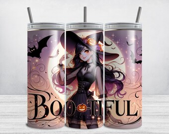 Hexe Halloween Tumbler Wrap, Bootiful 20 Unzen Skinny Tumbler Sublimation Design, Halloween PNG, Gruselige Fledermäuse Mond Gothic Jack-o-Laternen