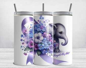 Alzheimer's Disease Awareness Tumbler Wrap, Forget Me Not 20 oz Skinny Tumbler Wrap, Cute Elephant Floral Bouquet Sublimation Design PNG