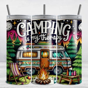 Camping Tumbler Wrap, Camping is My Therapy Sublimation Design, 20 oz Skinny Tumbler Wrap, Outdoor Camping Camper Van PNG