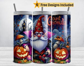 Halloween kabouter beker wrap, vampier graaf gnomulla, 20 oz magere beker sublimatie ontwerp, Halloween kabouter png, grappig spookachtig seizoen