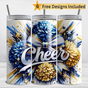 Blauer und goldfarbener Cheer Tumbler Wrap, Cheerleader 20 Unze Skinny Tumbler Sublimationsdesign, Cheer Tumbler PNG, Cheerleader Pom Pom Coquette Bow