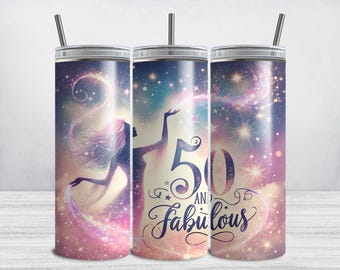 Envoltura para vaso de 50 cumpleaños, "Cincuenta y fabuloso", diseño de sublimación para vaso delgado de 20 oz, Feliz cumpleaños PNG, Hito con destellos brillantes