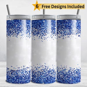 Blue Glitter Tumbler Wrap, Personalized Glitter 20 oz Skinny Tumbler Sublimation Design, Blue Glitter Border PNG Sparkly DIGITAL DOWNLOAD