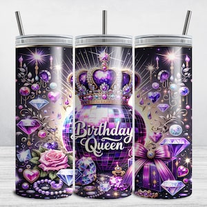 Birthday Tumbler Wrap, Glitter Birthday Queen 20 oz Skinny Tumbler Sublimation Design, Happy Birthday PNG, Birthday Queen PNG, Mom Girl Mama
