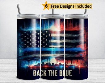 Tillbaka till den blå tumblerwrapen, tunn blå linje, 20 oz smal tumbler sublimeringsdesign, polisens blå linjeflagga PNG polistumbler DIGITAL
