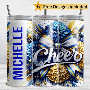 Kundengerechte Blau- und Goldjubelungs-Trinkgefäß-Verpackung, fügen Sie Namen hinzu Cheerleader 20 Unze Skinny Tumbler Sublimationsdesign, Cheer Tumbler PNG, Cheerleader