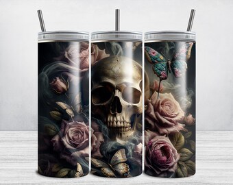 Gothic Skull and Rose Tumbler Wrap, 20oz Skinny Gothic Tumbler Wrap PNG, Gothic Skulls Sublimation Tumbler Design DIGITAL DOWNLOAD