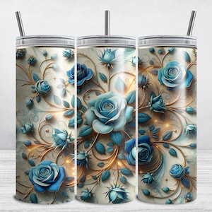 Blue Rose Tumbler Wrap, Floral 20 oz Skinny Tumbler Sublimation Design PNG, Blue Roses Tumbler Wrap DIGITAL DOWNLOAD