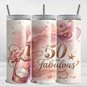 50th Birthday Tumbler Wrap, Fifty and Fabulous Skinny Tumbler Sublimation Design, 20 oz Happy Birthday PNG, 50 Birthday PNG