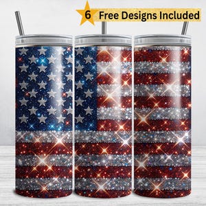 Puede incluir: Tres vasos de acero inoxidable con un diseño de bandera estadounidense brillante. Los vasos tienen una capacidad de 20 onzas y cuentan con un diseño de aislamiento de doble pared. 6 Diseños Gratis Incluidos.