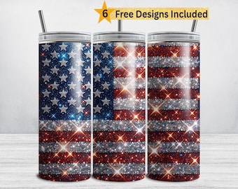 USA Flag Tumbler Wrap, 4th of July 20 oz Skinny Tumbler Sublimation, Fourth of July Digital Download Shimmer Glitter Patriotic Design PNG