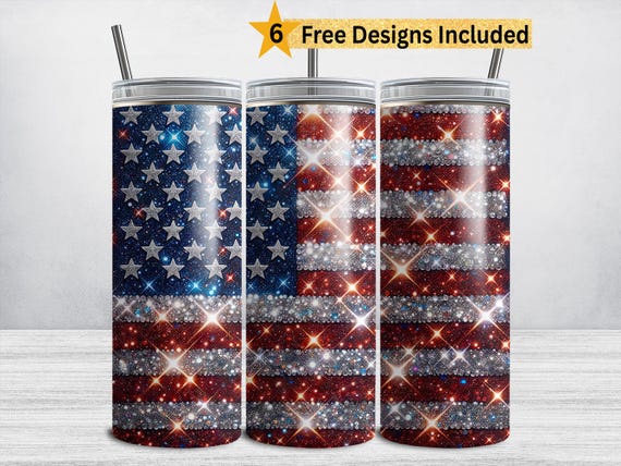 USA Flag Tumbler Wrap, 4th of July 20 oz Skinny Tumbler Sublimation, Fourth of July Digital Download Shimmer Glitter Patriotic Design PNG