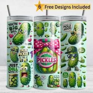 May include: Three 20 oz. stainless steel tumblers with pickle-themed designs. Each tumbler features cartoon pickle illustrations with phrases like "You're a Big Dill" and "Pickle Mood." The design includes a jar of pickles and a pink bow.