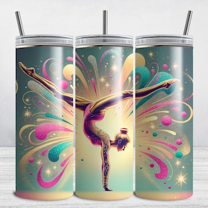 Gymnastics Tumbler Wrap, Golden Girl Gymnast, 20 oz Skinny Tumbler Sublimation Design, Gymnastic PNG, Glitter Gold Gymnastic Silhouette