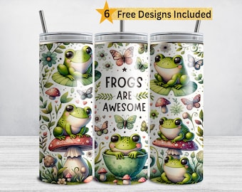 May include: A white stainless steel tumbler with a green frog design and the text "Frogs are Awesome". The tumbler has a green lid and a straw. The design features frogs, mushrooms, butterflies, and flowers.