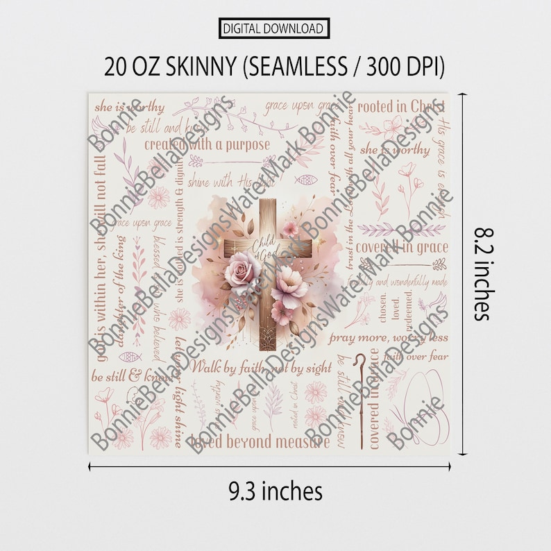 Op de afbeelding: Een digitaal downloadontwerp voor een 20 oz skinny tumbler, met een houten kruis versierd met roze rozen en de woorden "Child of God". Het ontwerp is 20,8 cm bij 23,6 cm, met inspirerende tekst en bloemaccenten.
