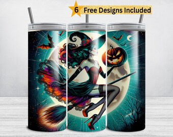 Witch Tumbler Wrap, Halloween Witches 20 oz Skinny Tumbler Sublimation Design, Halloween Witch PNG, Flying Witch on a Broom DIGITAL DOWNLOAD