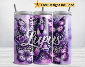 Envoltura para vaso de concientización sobre el lupus, vaso delgado de 20 oz con lazo morado, diseño de sublimación de mariposas moradas, descarga digital PNG de lupus