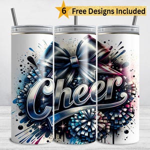 Black Silver Cheer Tumbler Wrap, Cheerleader 20 oz Skinny Tumbler Sublimation Design, Cheer Tumbler PNG, Cheerleading Pom Poms, Coquette Bow