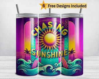 サマータンブラーラップ、チェイシングサンシャイン 20オンス スキニータンブラー、ビーチ昇華デザイン、トロピカルサマー PNG、クルーズサマーバイブス デジタル