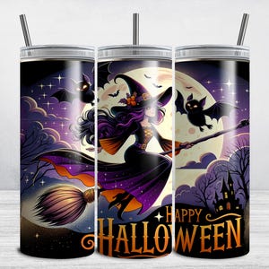 Witch Tumbler Wrap, Happy Halloween Tumbler Wrap, 20 oz Skinny Tumbler Design, Sublimation PNG, Witch and Bats, Full Wrap Digital Download