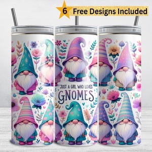 Cute Gnome Tumbler Wrap, Just a Girl Who Loves Gnomes, Pastel 20 oz Skinny Tumbler Sublimation Design PNG, Gnome Lady DIGITAL DOWNLOAD