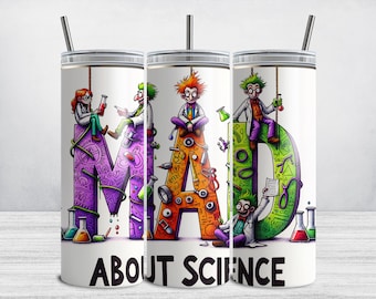 Envoltório para copo de professor de Mad About Science, Envoltório para copo fino de 20 onças para agradecimento ao professor PNG, Design de copo de sublimação para ensino SOMENTE DIGITAL