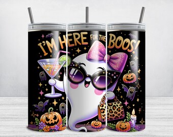 ゴースト ハロウィン タンブラー ラップ、I'm Here For The Boos、Mom Mama 20 オンス スキニー タンブラー 昇華デザイン、Cue Ghost Coquette、パンプキン コウモリ