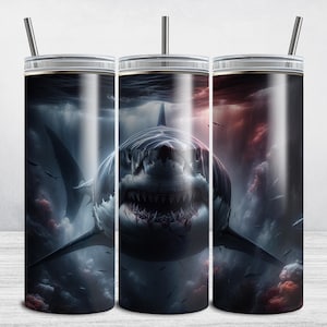 Weißer Hai Tumbler Wrap, Ocean 20 Unze Skinny Tumbler Sublimationsdesign, Hai Woche PNG, Kinder Jungen Scary Hai Design