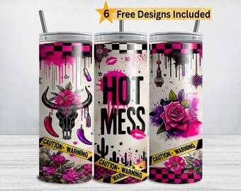 May include: Three stainless steel tumblers with lids and straws. Each tumbler features a unique design with a black and pink color scheme. The designs include a bull skull, the words "HOT MESS", and a large rose. The text "CAUTION-WARNING" is also present.