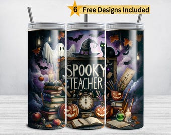 May include: A Halloween-themed tumbler with a spooky teacher design. The design includes a ghost, witch hat, black cat, pumpkins, and the text "Spooky Teacher". The tumbler has a silver lid and straw.