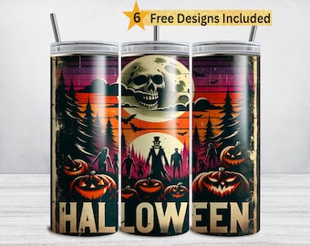 Halloween Tumbler Wrap, Retro Gotthic 20 oz Skinny Tumbler Sublimation Design, Scary Halloween PNG, Spooky Season, Skull Moon Zombie DIGITAL