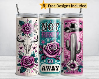 May include: Three 20 oz. stainless steel tumblers with lids and straws. Designs include a bull skull, the text "NOT FRIENDLY GO AWAY" with a rose, and a cowboy hat and cactus. Each tumbler features a unique design with pink, teal, and white accents.