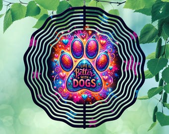 Dog Wind Spinner PNG, Dog Paw Print Sublimation Wind Spinner Designs, Dog Mom Dad Windspinner PNG Design, Glitter Wind Spinner Template