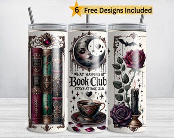 Puede incluir: Tres vasos aislados blancos con diseños góticos. Uno presenta libros apilados, otro una cara de luna con el texto "What Happens at Book Club", y el tercero una rosa y una vela. Incluye 6 diseños gratis.