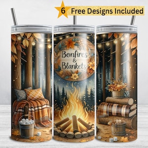 Könnte beinhalten: Drei isolierte Edelstahlbecher mit einem herbstlichen Design. Das Design zeigt eine Lagerfeuerszene mit dem Text "Bonfires & Blankets". Die Becher haben einen Strohhalm und einen Deckel. Das Bild enthält auch den Text "6 Free Designs Included".