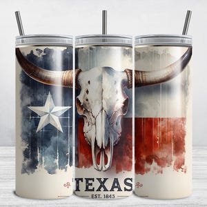 May include: A stainless steel tumbler with a white, red, and blue watercolor design featuring a longhorn skull and the words "Texas Est. 1845".