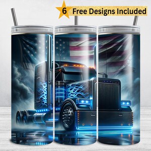 May include: A blue and black semi-truck with a blue and red American flag design. The truck is driving down a road with blue lights shining from the headlights. The truck is a popular design for tumblers and other merchandise.