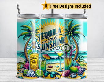 Tequila Lime & Sunshine Beach Vibes Tumbler Wrap, 20 oz Skinny Sublimation Design, Hello Summer Cocktails PNG, Vacation Cruise Travel Design