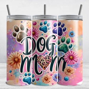 Dog Mom Tumbler Wrap, Best Dog Mama Sublimation Design, 20 oz Skinny Tumbler PNG, Colorful Dogs Paw Print Floral Digital Download