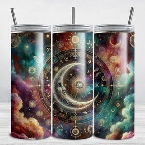 Celestial Tumbler Wrap, Celestial Moon Astrology 20 oz Skinny Tumbler Sublimation Design, Zodiac Celestial Stars Cosmic Galaxy Crescent Moon