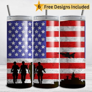 Military Tumbler Wrap PNG, 20 oz Skinny Tumbler Sublimation Design, Soldier American Flag PNG, Army Navy Airforce Veteran DIGITAL
