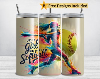Envoltura para vaso de sóftbol, "Just a Girl Who Loves", vaso delgado de 20 oz, diseño de sublimación, jugador de sóftbol PNG, mamá de sóftbol DIGITAL