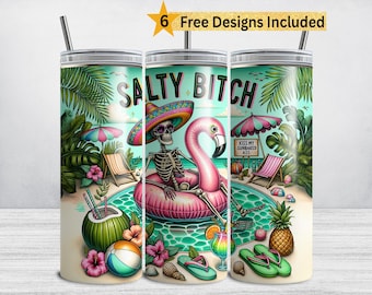 Salty Bitch Summer Tumbler Wrap, Funny Beach 20 oz Skinny Tumbler Sublimation Design, Snarky Skeleton PNG Tropical Pool DIGITAL DOWNLOAD